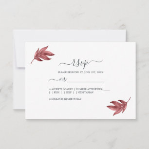 Chic Script Burgundy Leaf Minimal Wedding RSVP Card