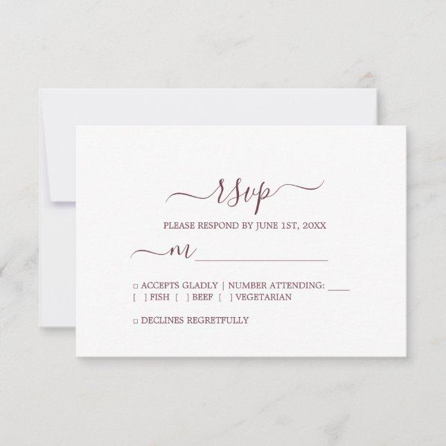 Chic Script Burgundy Minimal Wedding RSVP Card (Front)