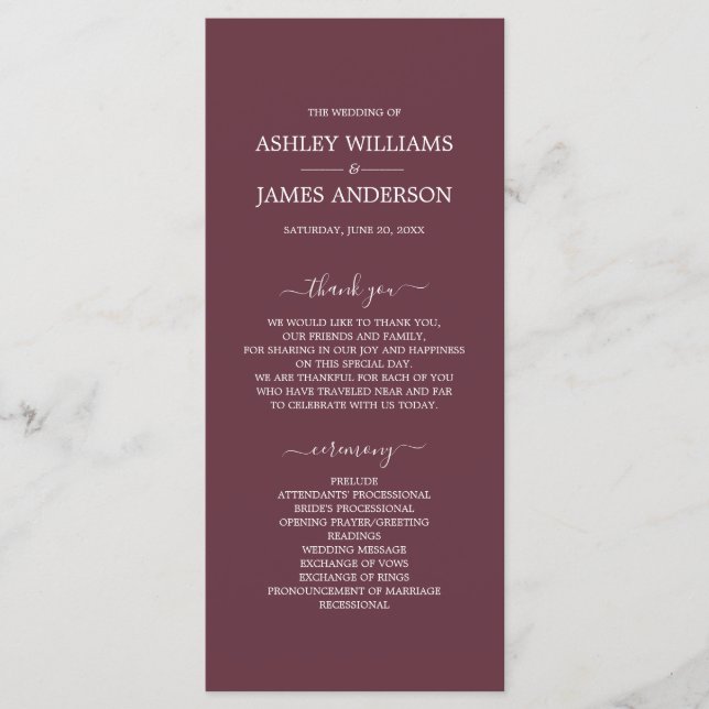 Chic Script Burgundy Simple Minimal Wedding Programme (Front)