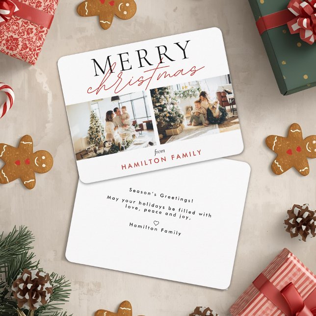 Chic Script Calligraphy Merry Christmas Two Photo Card (Creator Uploaded)
