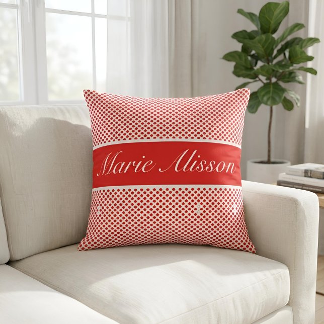 Chic Script Custom Name Red Polka Dots Pattern Cushion (Creator Uploaded)