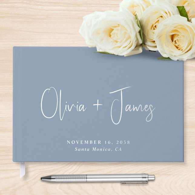 Chic Script Dusty Blue Wedding Guest Book (Creator Uploaded)