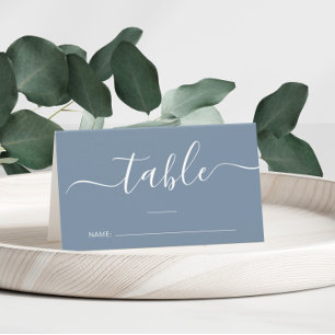 Chic Script Dusty Blue Wedding Table Number Place Card