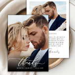 Chic Script Elegant 2 Photo Wedding Thank You Card<br><div class="desc">Elegant Modern Boho Calligraphy Script 2 Photo Wedding Thank You Card. Stylish Chic wedding thank you template featuring a full vertical photo on the front with the text "Thanks" in a whimsical swirly hand lettering typography script swash tail font in white overlay on the picture and a reverse side one...</div>