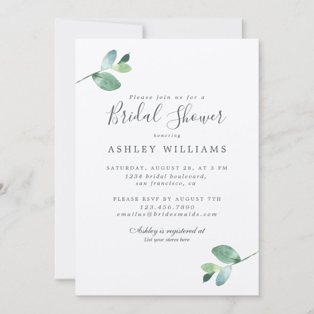 Chic Script Eucalyptus Foliage Bridal Shower Invitation (Front)