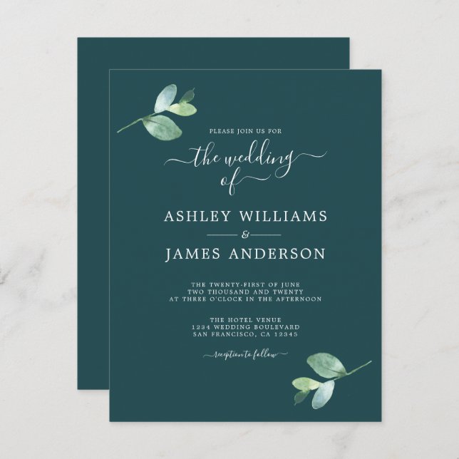 Chic Script Eucalyptus Foliage Minimal Wedding Invitation (Front/Back)