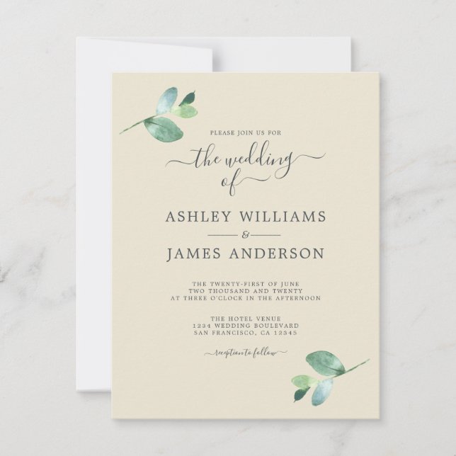 Chic Script Eucalyptus Foliage Minimal Wedding Invitation (Front)