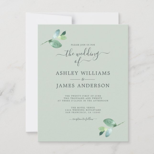 Chic Script Eucalyptus Foliage Minimal Wedding Invitation (Front)