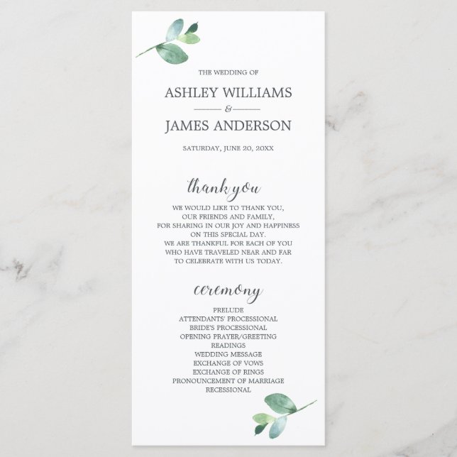Chic Script Eucalyptus Foliage Minimal Wedding Programme (Front)