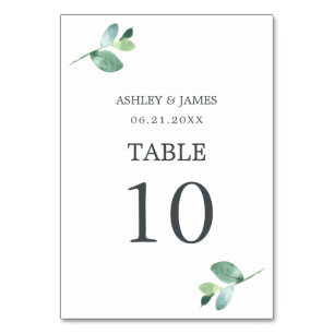 Chic Script Eucalyptus Foliage Minimal Wedding Table Number