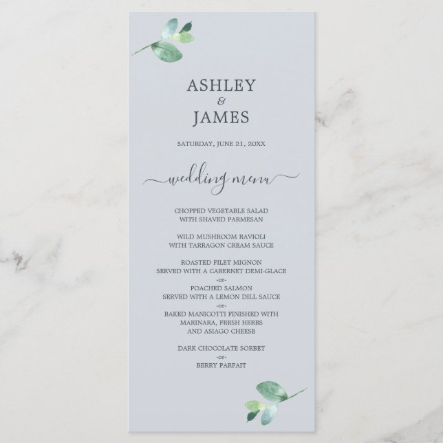 Chic Script Eucalyptus Foliage Pastel Blue Wedding Menu (Front)