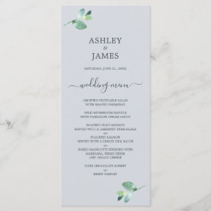 Chic Script Eucalyptus Foliage Pastel Blue Wedding Menu