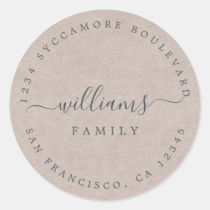 Chic Script Family Name Kraft Paper Return Address Classic Round Sticker