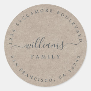Chic Script Family Name Kraft Paper Return Address Classic Round Sticker