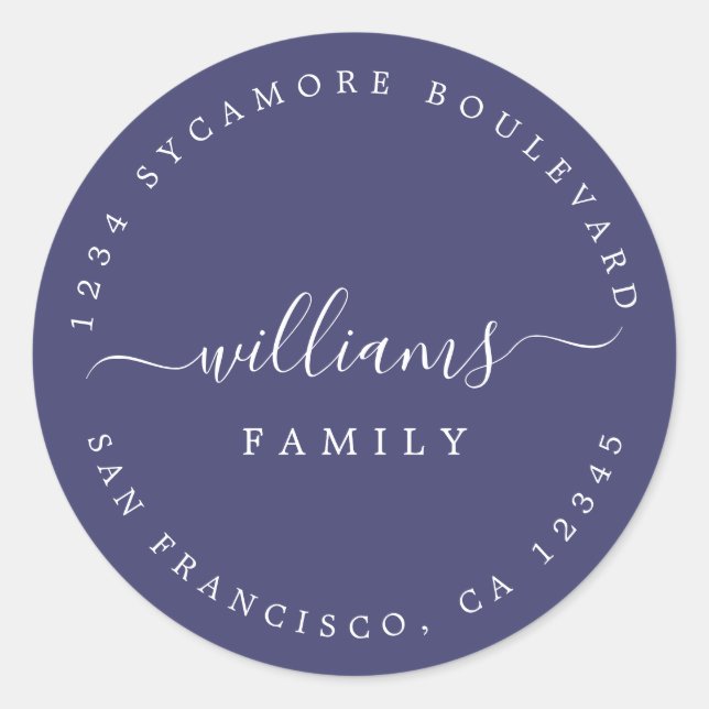 Chic Script Family Name Return Address Classic Round Sticker (Front)