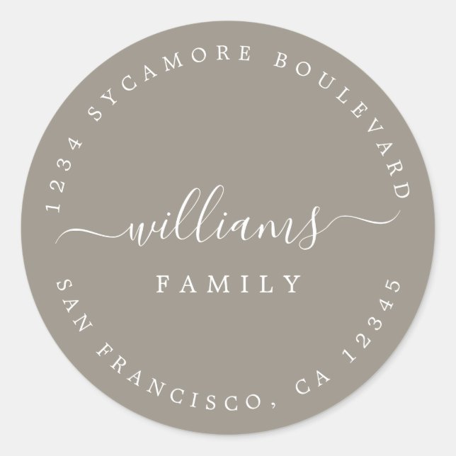 Chic Script Family Name Return Address Classic Round Sticker (Front)