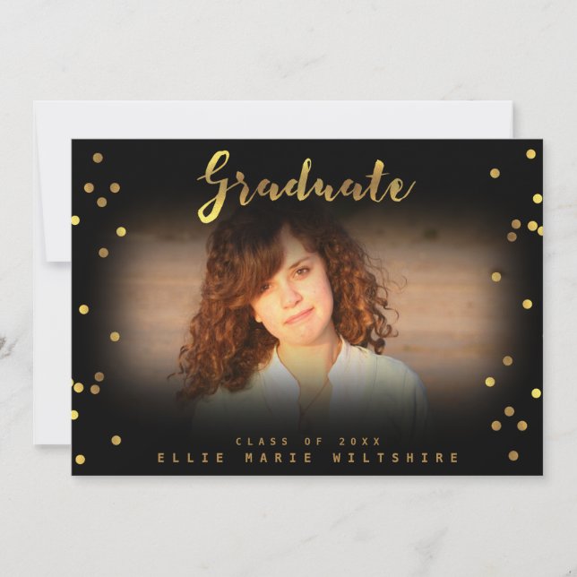 Chic Script Faux Gold Foil Confetti Graduate Photo Invitation (Front)