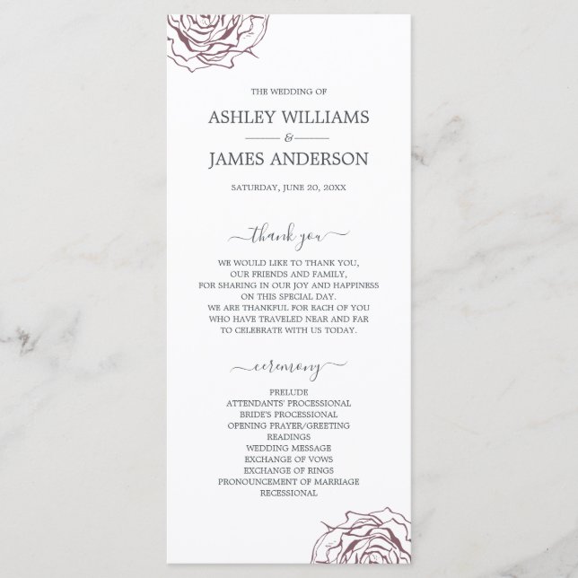 Chic Script Floral Burgundy Rose Simple Wedding Programme (Front)