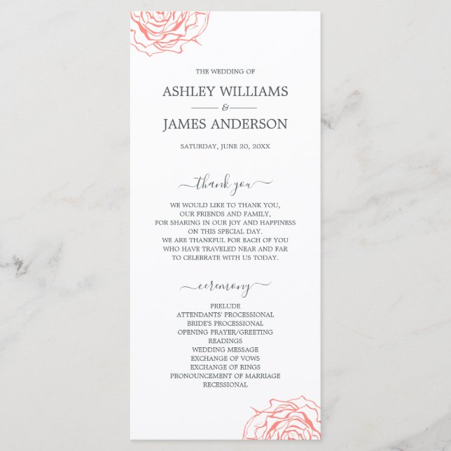 Chic Script Floral Coral Rose Simple Wedding Programme (Front)