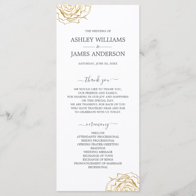 Chic Script Floral Gold Rose Simple Wedding Programme (Front)