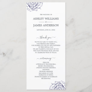 Chic Script Floral Navy Blue Rose Simple Wedding Programme