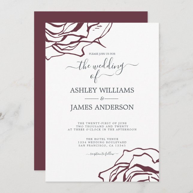 Chic Script Floral Outline Burgundy Rose Wedding Invitation (Front/Back)