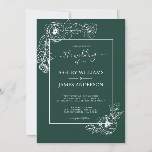 Chic Script Floral Outline Dark Green Wedding Invitation (Front)