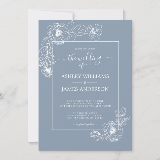 Chic Script Floral Outline Dusty Blue Wedding Invitation (Front)