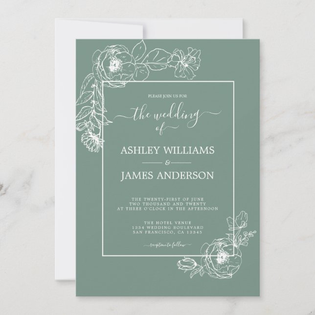 Chic Script Floral Outline Dusty Green Wedding Invitation (Front)