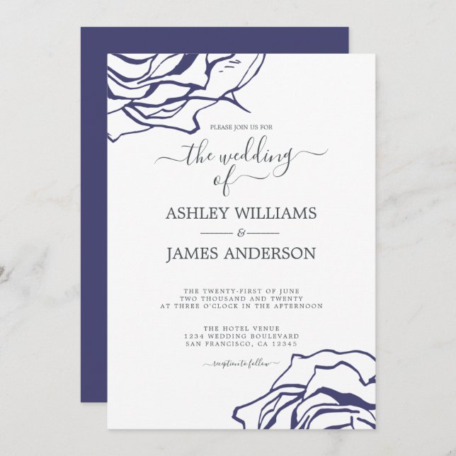 Chic Script Floral Outline Navy Blue Rose Wedding Invitation (Front/Back)