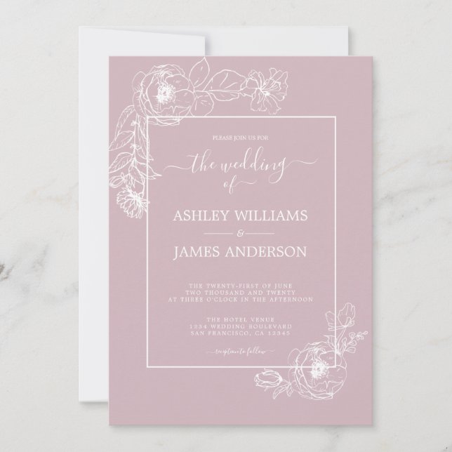 Chic Script Floral Outline Pastel Purple Wedding Invitation (Front)