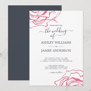 Chic Script Floral Outline Pink Rose Wedding Invitation