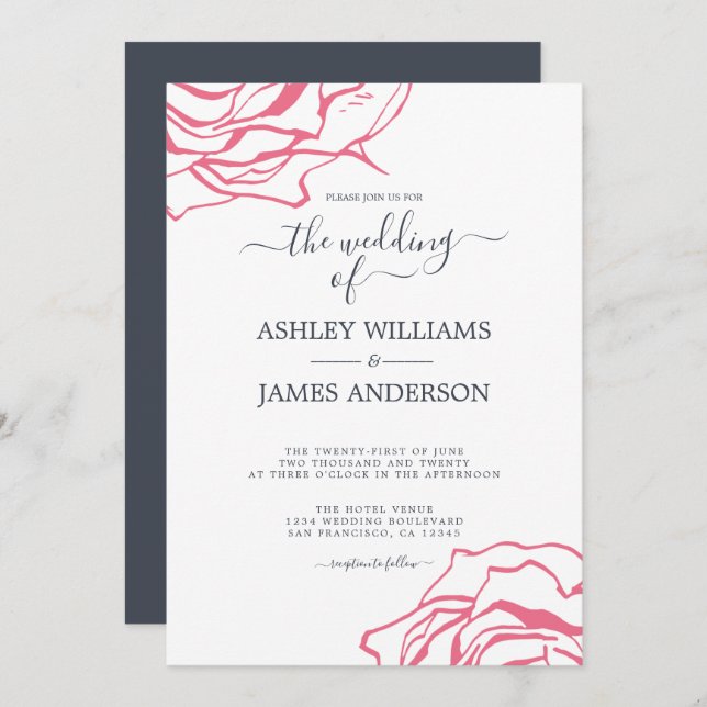 Chic Script Floral Outline Pink Rose Wedding Invitation (Front/Back)