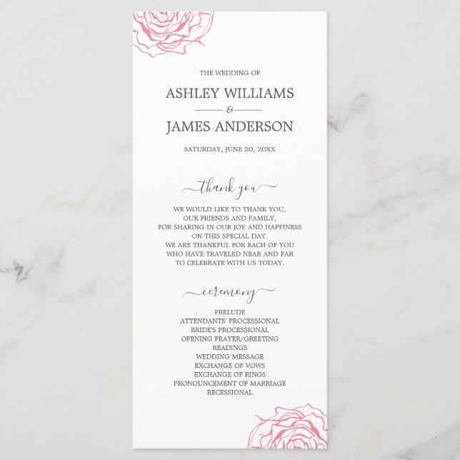 Chic Script Floral Pink Rose Simple Wedding Programme (Front)