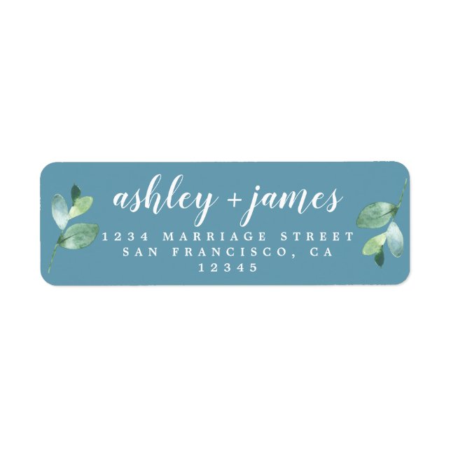 Chic Script Foliage Blue Return Address Label (Front)