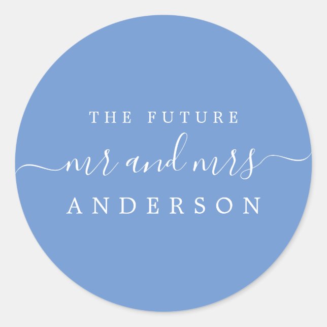 Chic Script Future Mr Mrs Cornflower Blue Wedding Classic Round Sticker (Front)