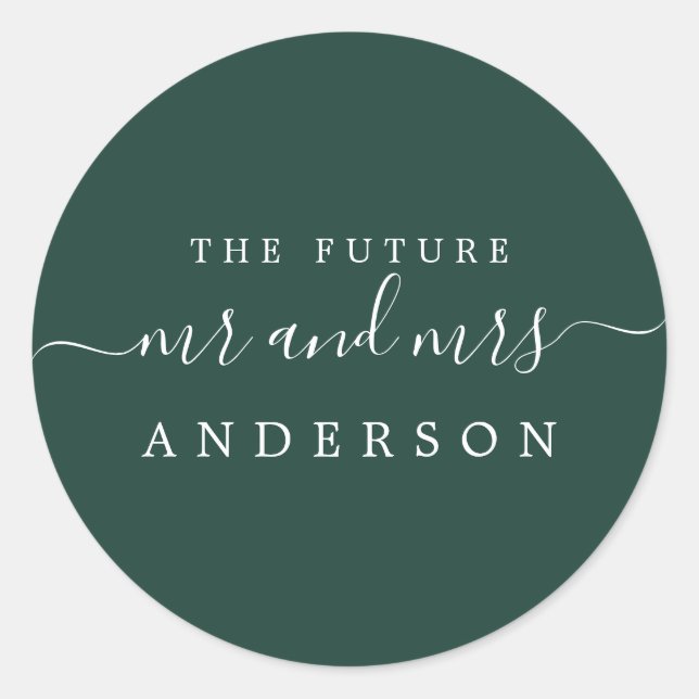 Chic Script Future Mr Mrs Dark Green Wedding Classic Round Sticker (Front)
