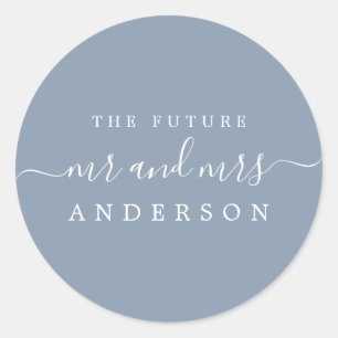 Chic Script Future Mr Mrs Dusty Blue Wedding Classic Round Sticker