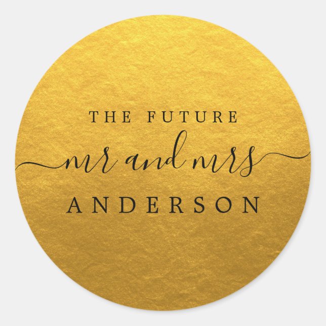 Chic Script Future Mr Mrs Gold Wedding Classic Round Sticker (Front)