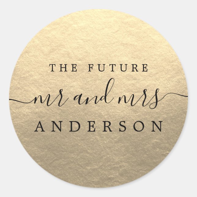 Chic Script Future Mr Mrs Gold Wedding Classic Round Sticker (Front)