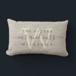 Chic Script Future Mr Mrs Monogram Beige Linen Lumbar Cushion<br><div class="desc">Elegant future mr mrs keepsake beige woven linen effect pillow with your text in dark gray chic handwritten script calligraphy. Simply add your name and monogram. Perfect gift for a bridal shower, engagement, or Valentine's Day. Exclusively designed for you by Happy Dolphin Studio. If you need any help or matching...</div>
