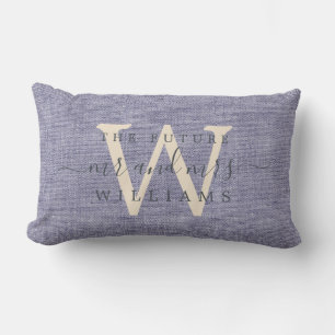 Chic Script Future Mr Mrs Monogram Blue Linen Lumbar Cushion