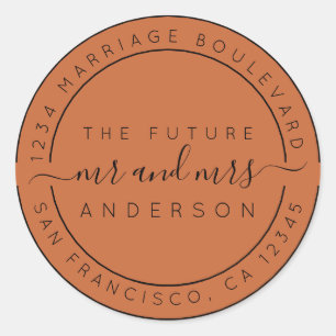 Chic Script Future Mr Mrs Return Address Orange Classic Round Sticker