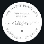 Chic Script Future Mrs Mr Return Address Wedding Classic Round Sticker<br><div class="desc">Simple, chic round wedding or engagement return address labels in elegant silver grey featuring "The Future Mrs and Mr", the couples' return address, the family name in a modern calligraphy typeface with swirls and a small heart symbol. Easily add your name and address, and use this stylish, minimalist round wedding...</div>