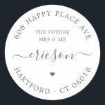 Chic Script Future Mrs Mr Return Address Wedding Classic Round Sticker<br><div class="desc">Simple, chic round wedding or engagement return address labels in elegant silver grey featuring "The Future Mrs and Mr", the couples' return address, the family name in a modern calligraphy typeface with swirls and a small heart symbol. Easily add your name and address, and use this stylish, minimalist round wedding...</div>