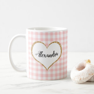 Chic Script Girly Pink White Gingham Custom Name Coffee Mug