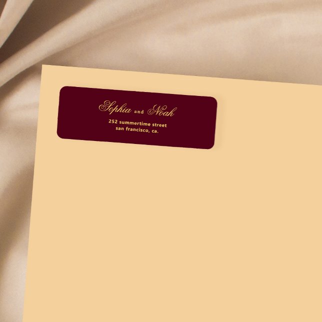 Chic script gold burgundy wedding return address (Creator Uploaded)