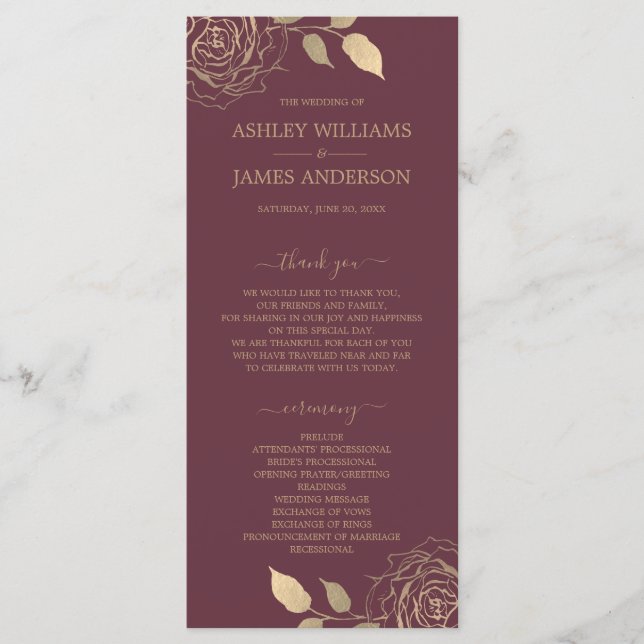 Chic Script Gold Floral Rose Burgundy Wedding Programme (Front)