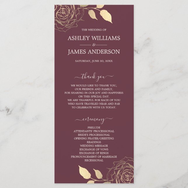 Chic Script Gold Floral Rose Burgundy Wedding Programme (Front)