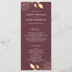 Chic Script Gold Floral Rose Burgundy Wedding Programme